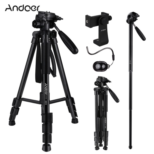 Andoer TTT-03 2-in-1 Photography Tripod Monopod Stand Aluminium Alloy 3-Way Swivel Pan Head 163cm Max. Height 5kg Load Capacity with Phone Clip Carry Bag for Smartphones DSLR   Cameras Camcorders