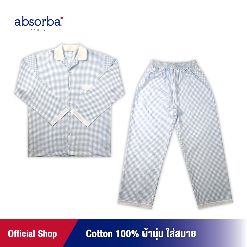 absorba(แอ็บซอร์บา)ชุดนอนคุณพ่อ แขนยาว ขายาว กระดุมหน้า ผ้าคอตตอนแท้ 100% สีฟ้า แพ็ค 1 ชุด - R3W6001