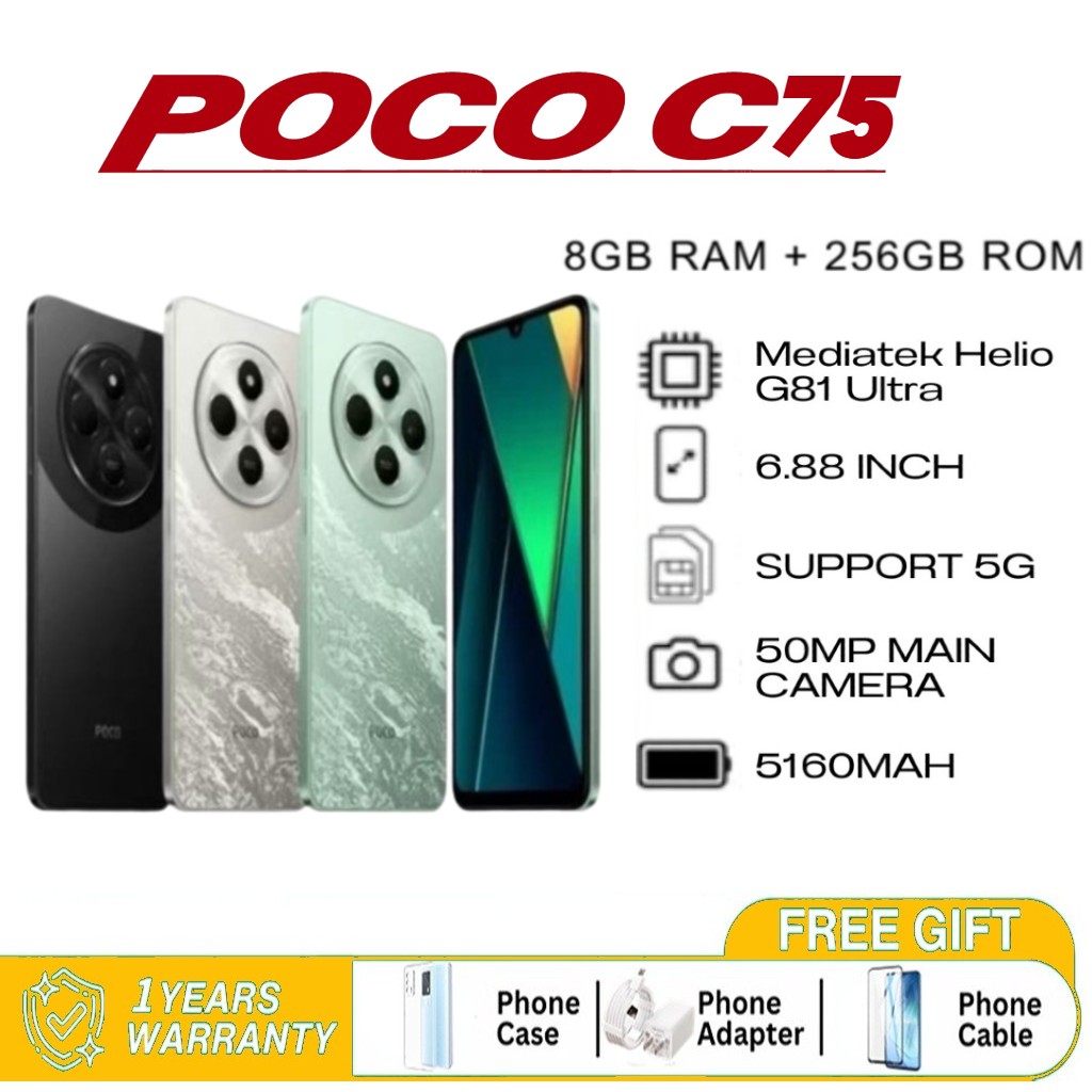 🏆【Up to 18 months warranty】POCO C75 5G (8+256GB) & POCO C65 (6+128 / 8+256GB) | 6.88” large screen | 5160mAh battery | 50MP AI camera ราคา 2,699 บาท*ส่งฟรี