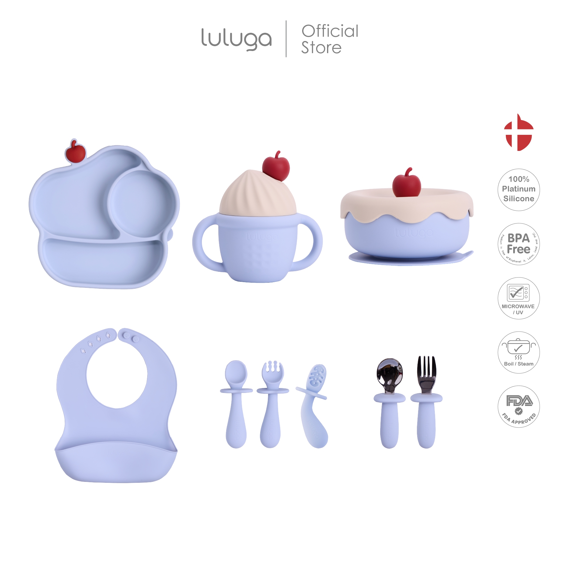 Luluga ชามซิลิโคนเด็ก จานซิลิโคนเด็ก แก้วหัดดื่มซิลิโคน Platinum Silicone สำหรับเด็ก 6 เดือน+ BLW Set 6 pieces Ice Cream