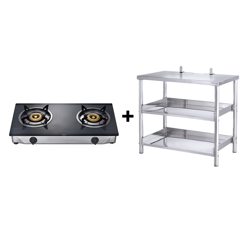 MEX Set PC577I3 + SH8071-1 เตาแก๊สตั้งโต๊ะฐานกระจก 2 หัวเตาและโต๊ะวางเตาสเตนเลส สตีล ราคา 5,080 บาท*ส่งฟรี