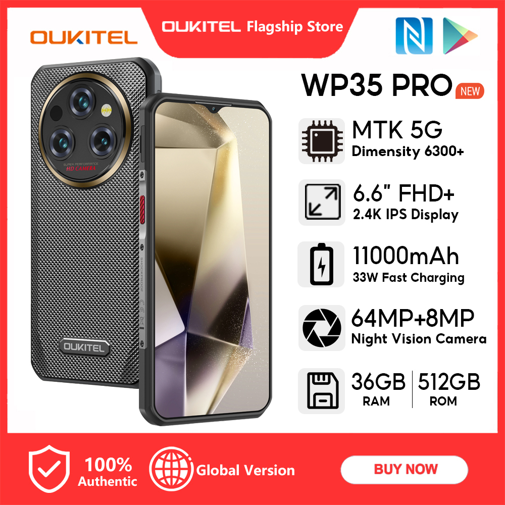 OUKITEL WP35 PRO 5G Mobiles 36GB+512GB 6.6inch 2.4K Display 11000mAh 64MP+8MP(Vision Camera)+2MP(Macro Camera) 14.9mm The thinnest Handphone NFC Nano Face ID Fingerprint Android 14 ราคา 8,284 บาท*ส่งฟรี