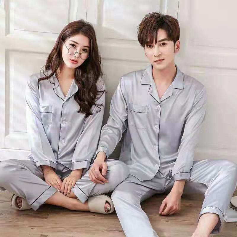 SUNNY SHOP-ชุดนอนคู่ เเฟชั่นเกาหลี ชายหญิงคู่รัก ผ้าซาติน เสื้อเเขนยาว+กางเกงขายาว