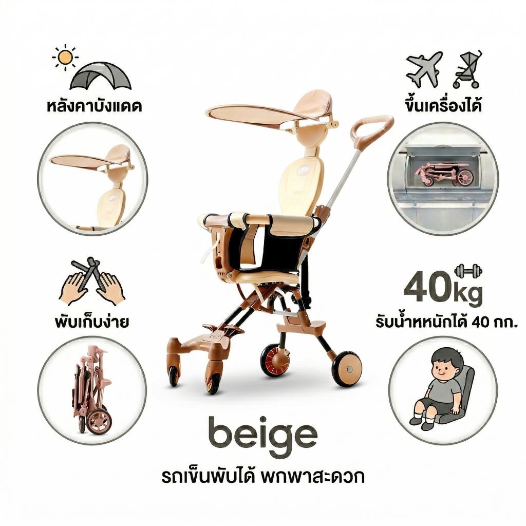 Beige รถเข็นเด็ก รถเด็ก นำขึ้นเครื่องบินได้ พับได้ โช้คอัพรถเข็นเด็กพับได้ รถเข็นพับได้
