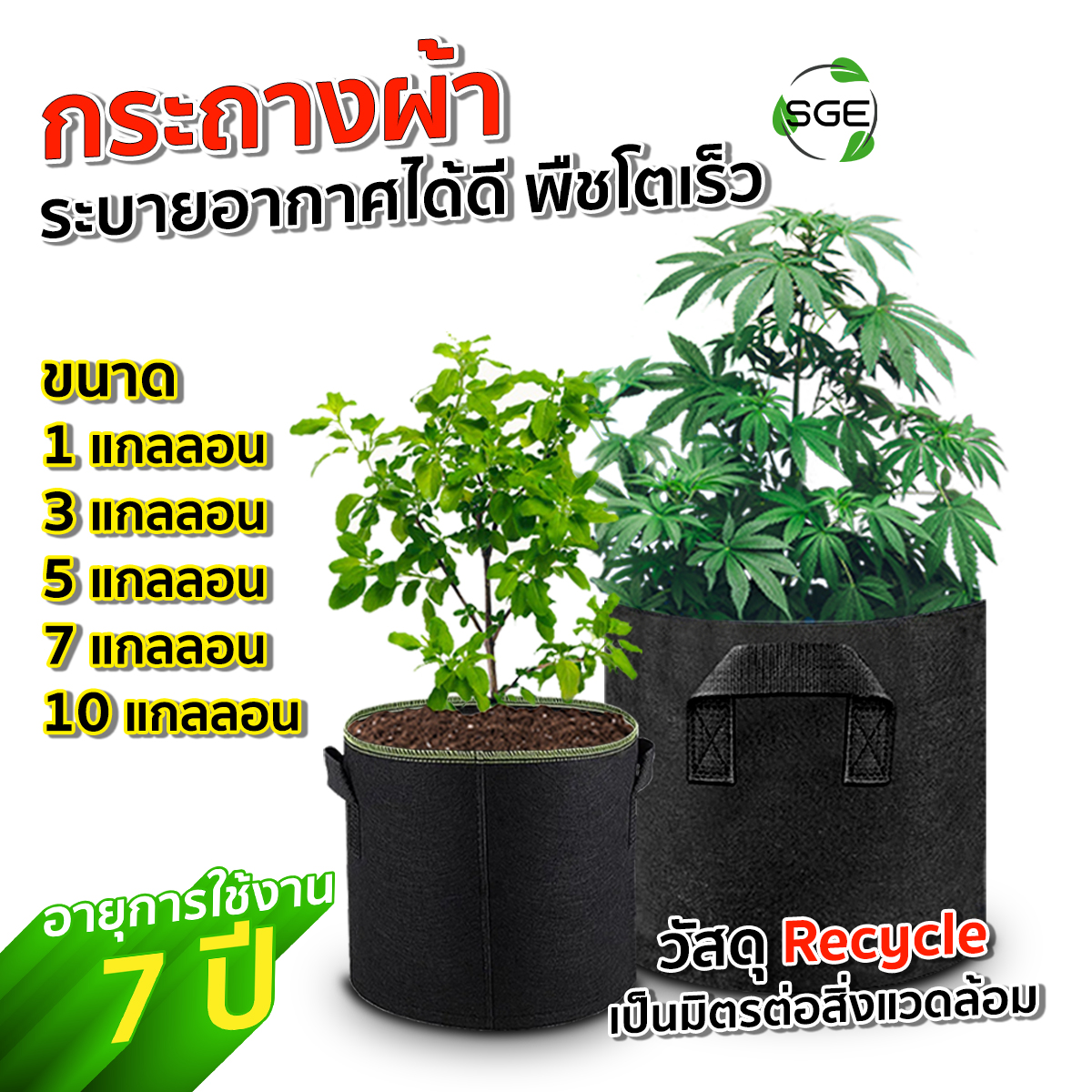 กระถางผ้า รุ่น GB มีให้เลือก 7 ขนาด 1-30 แกลลอน โตไว ระบายน้ำได้ดี วัสดุ Recycle ทนต่อแสง UV ไม่กรอบ การันตีคุณภาพจาก SGE (ของแท้จากบริษัท100%) ราคา 858 บาท*ส่งฟรี
