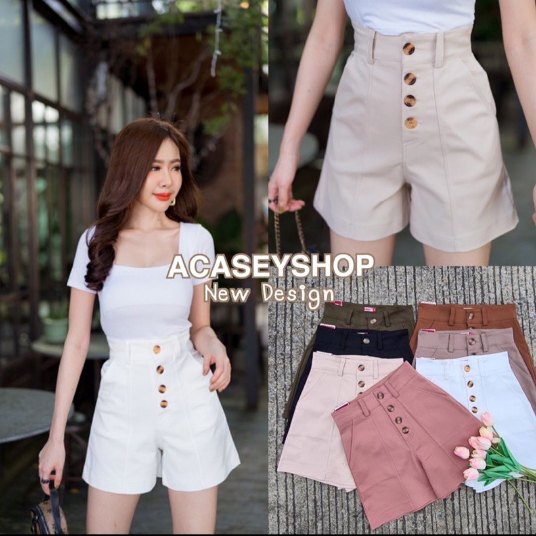 Acaseyshop กางเกงขาสั้น แต่งกระดุม4เม็ด เอวสูง น่ารักมาก