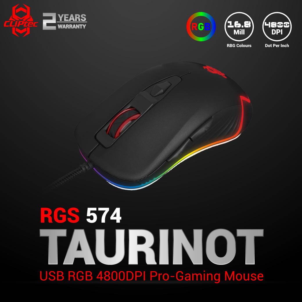 CLiPtec RGS574 TAURINOT - เมาส์ โปร-เกมมิ่ง ความละเอียด 4800DPI เซ็นเซอร์เกมมิ่ง INSTANT 824 ความแม่นยำสูง 6 ปุ่มกด แรงกด 70กรัม คลิกได้มากกว่า 10 ล้านครั้ง มีซอฟต์แวร์ปรับแต่ง ไฟเรืองแสง RGB ได้บรรยากาศการเล่นเกม