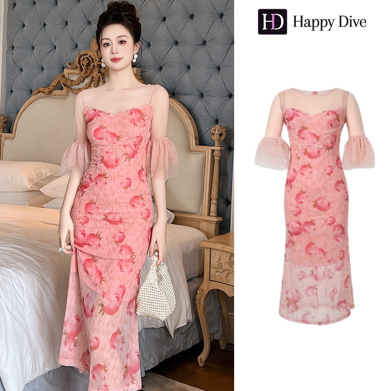 Happy Diva Women's Outfit, Pink Printed Outfit, Fish Tail Wrap Dress, Formal Occasion Outfit, Work Outfit, Formal Party Outfit. Birthday Party Elegant Dress 21384 ราคา 1,099 บาท*ส่งฟรี