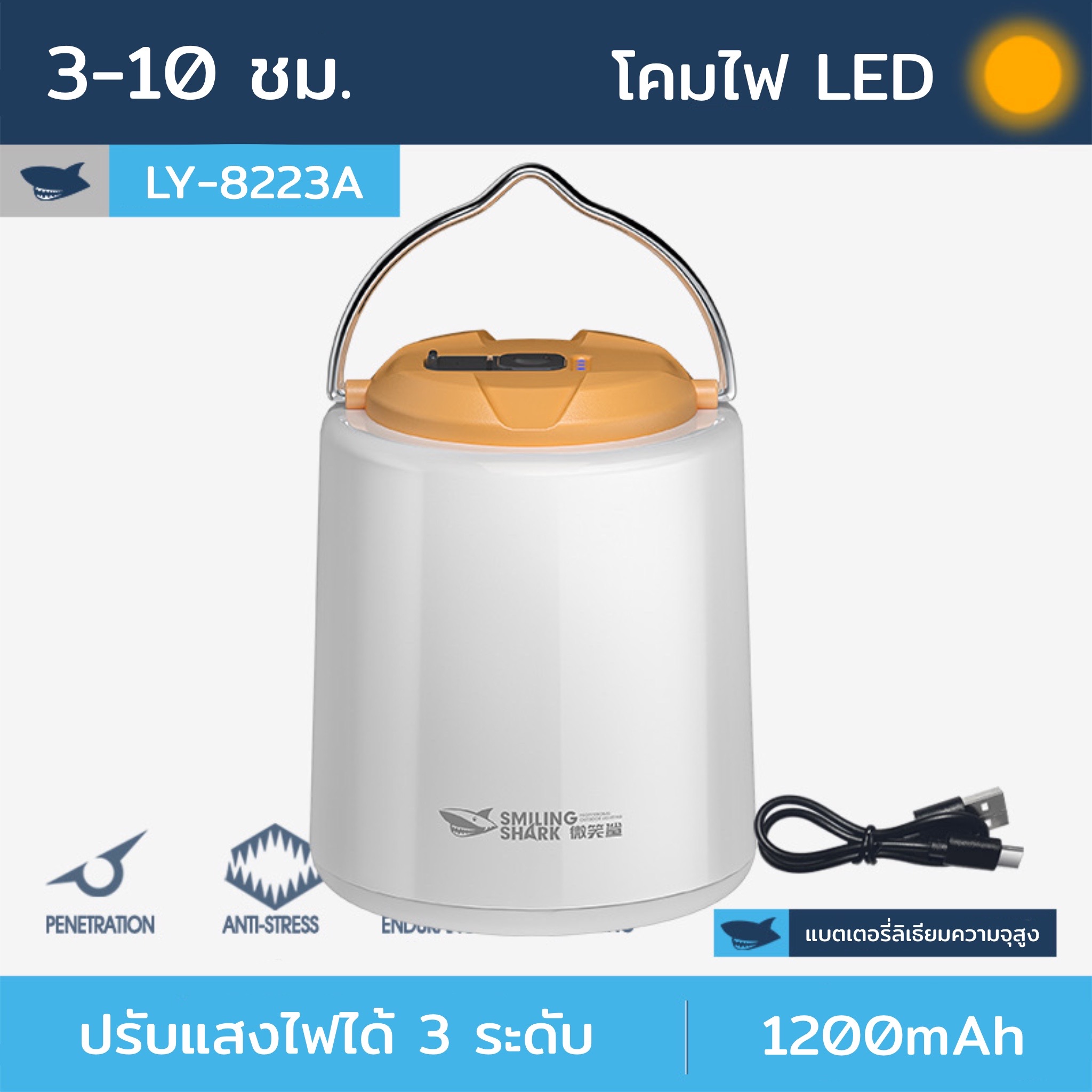 Smiling SHARKสีขาวอบอุ่นโคมไฟโคมไฟแคมป์ปิ้ง ตะเกียงแคมปิ้ง โคมไฟแคมป์กลางแจ้งย้อนยุ ไฟตั้งแคมป์ led กันน้ำ แคมป์ไฟแบบพกพา USB ชาร์จ หรี่แสงได้3ระดับ