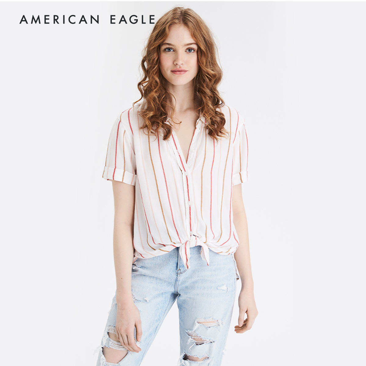 American Eagle Striped Short Sleeve Button Up Shirt เสื้อเชิ้ต ผู้หญิง ลายทาง แขนสั้น (035-1714-100)