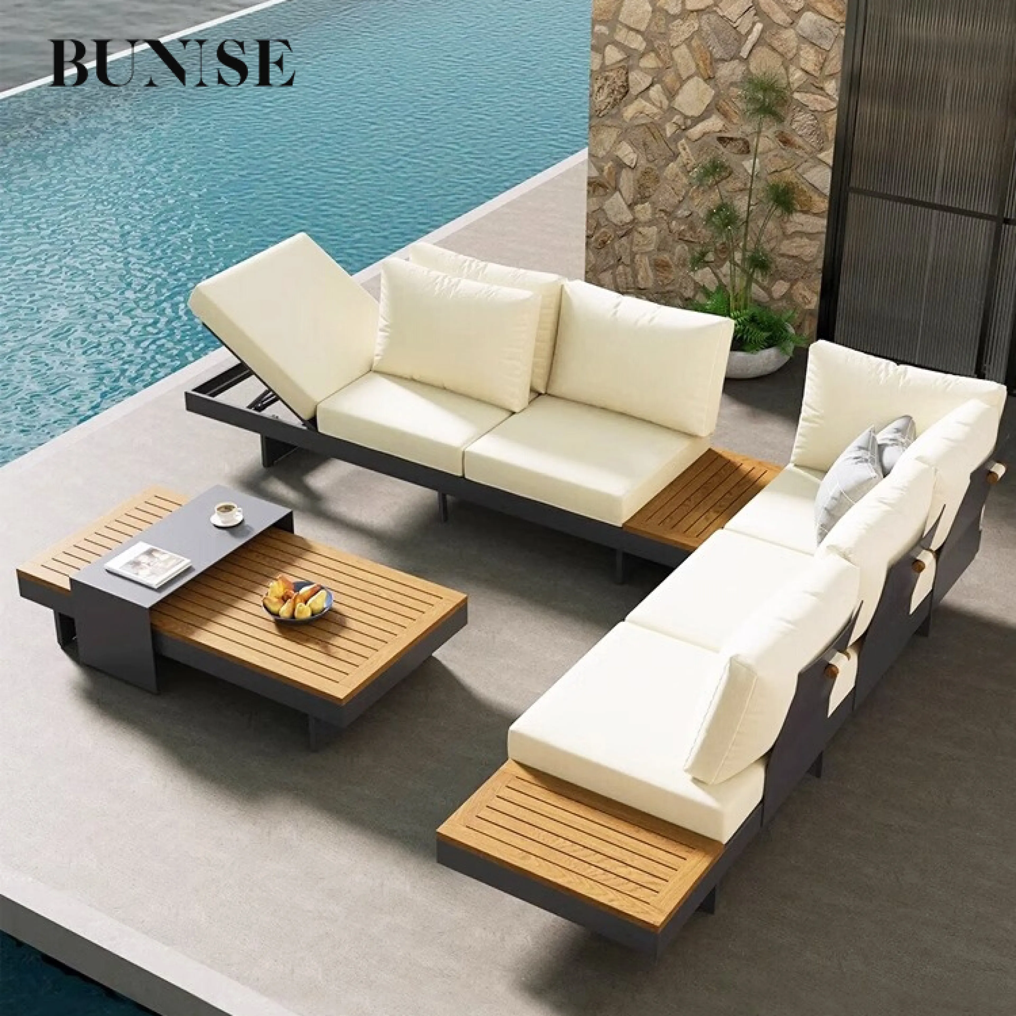 BUNISE Outdoor Teak Sofa P3401 - 1-4 Seater, Scandinavian Modern Style, Weather-Resistant, Ideal for Gardens & Pool Villas