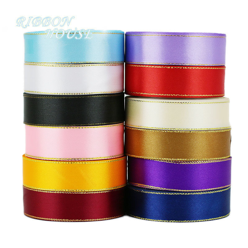 25 yards/lot) Cream White Gold Edge Ribbon high quality satin