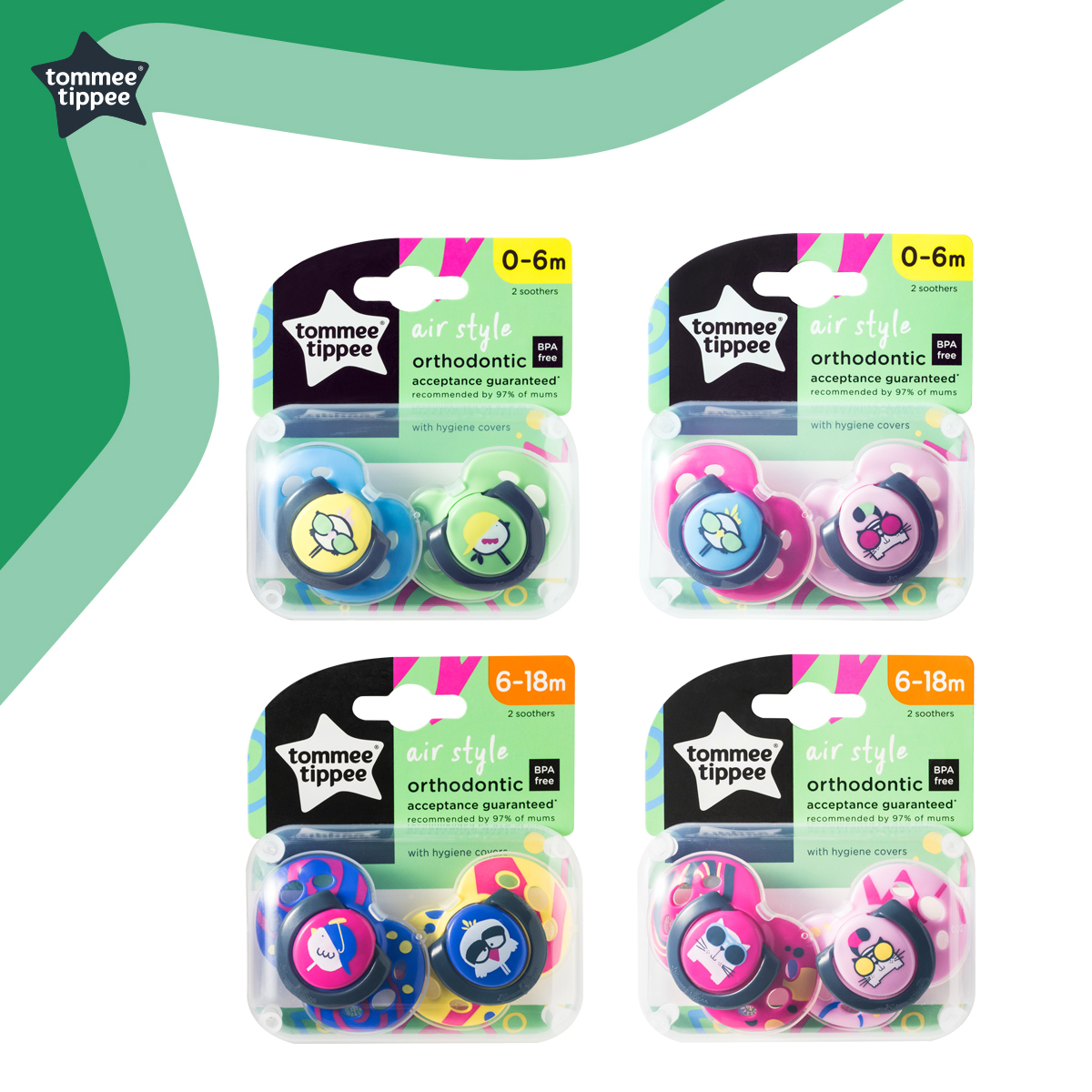 Tommee Tippee Air Soother 2pcs/pack random color ทอมมี่ ทิปปี้ จุกหลอก รุ่น Air Style แพ็คคู่ คละลาย สำหรับเด็ก 0-6m,6-18m 433376/38,433378/38 ราคา 360 บาท*ส่งฟรี