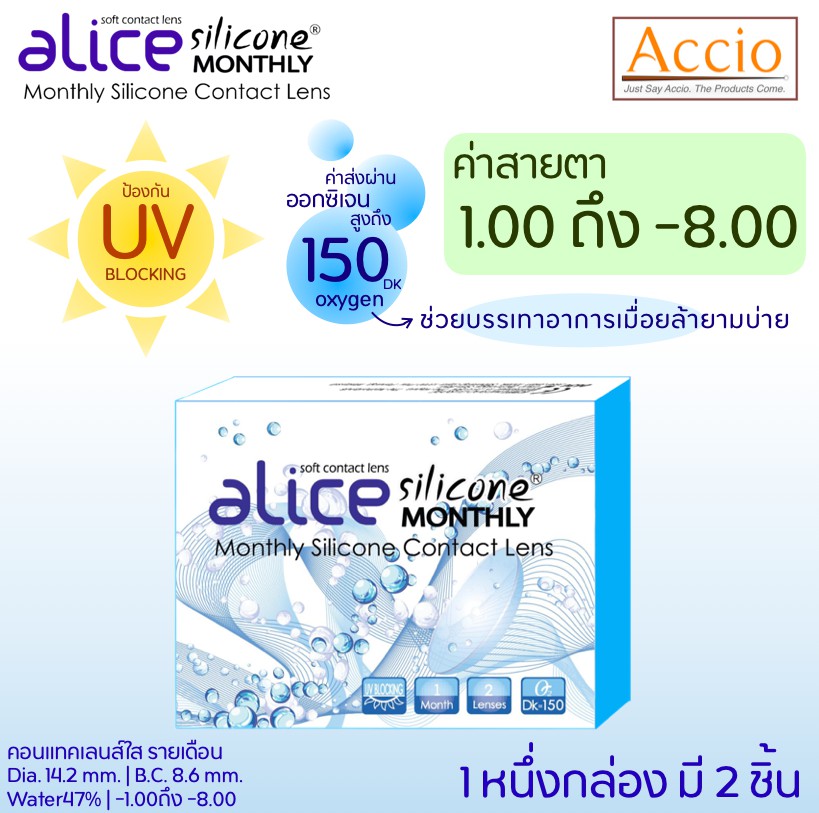 Alice Silicone Monthly Contact Lens คอนแทคเลนส์แบบใส รายเดือน วัสดุซิลิโคน ยี่ห้ออลิซ 1กล่องมี 1คู่  ค่าสายตา -1.00 ถึง -9.00