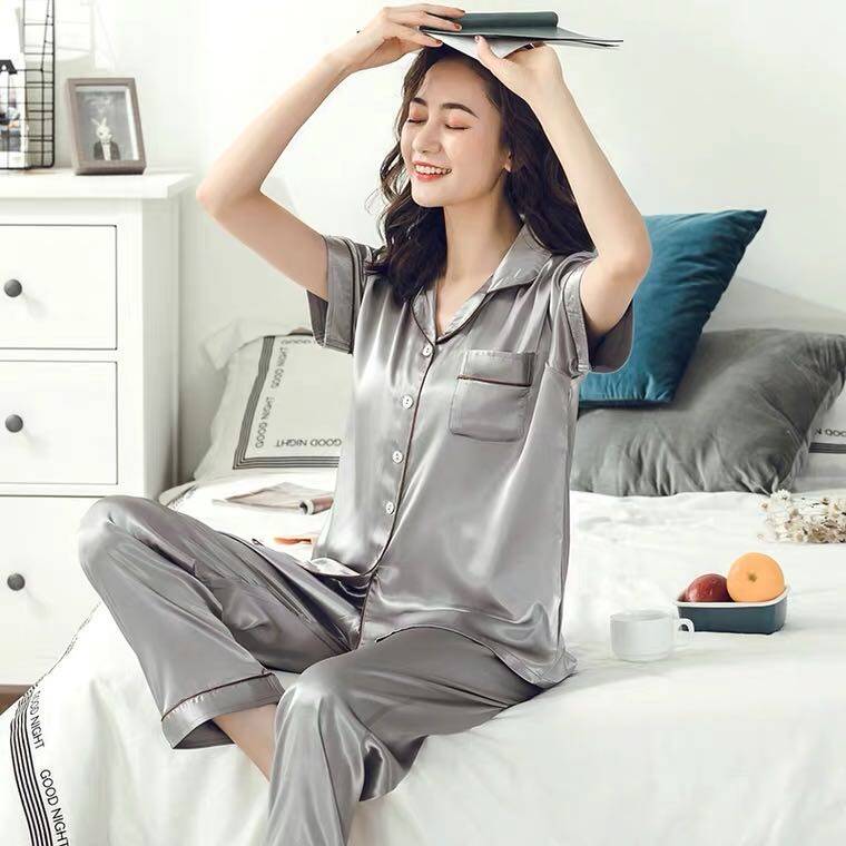 SMILE-SHOP-ชุดนอนแฟชั่นเกาหลี，Womenผ้าไหมน้ำแข็ง.เสื้อแขนสั้น+กางเกงขายาว