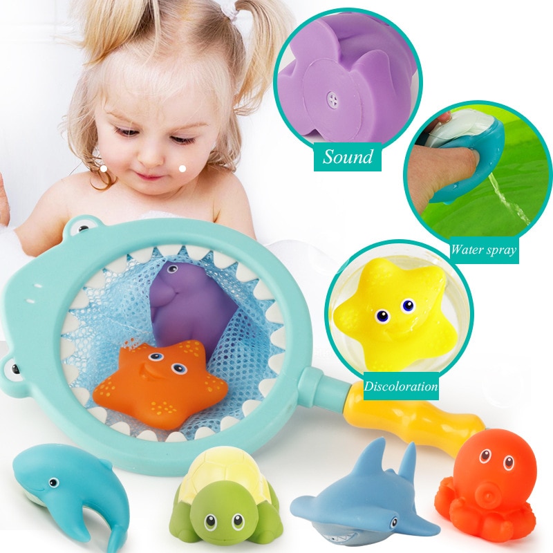 [สินค้าพร้อมส่งในไทย]7ชิ้น ชุดของเล่น ชุดของขวัญ ชุดเซ็ทของขวัญ ของเล่นสำหรับอาบน้ำ ของเล่นน่ารัก Baby Bathroom Fishing Toys Finding Water Squeeze Sound Soft Rubber