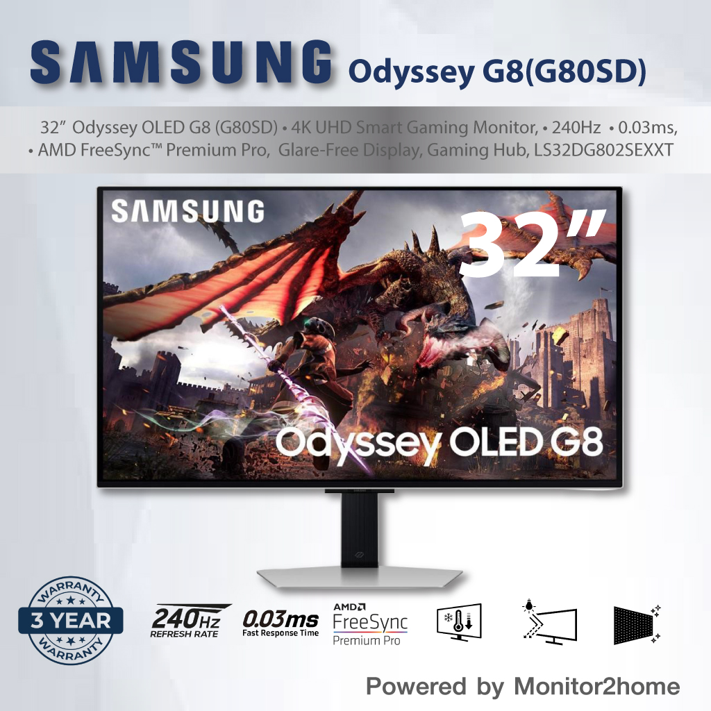 SAMSUNG 32-Inch Odyssey OLED G8 (G80SD) 4K UHD Smart Gaming Monitor, 240Hz 0.03ms, AMD FreeSync™ Premium Pro, Glare-Free Display, Gaming Hub, LS32DG802SEXXT ราคา 41,590 บาท*ส่งฟรี