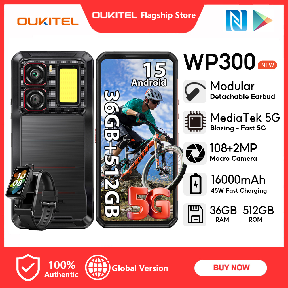 [Local stock] Oukitel wp300 36GB + 512GB 16000mAh rugged phone modular detachable earbud/camping light 6.78 "FHD 120Hz 108mp cell phone ราคา 12,625 บาท*ส่งฟรี