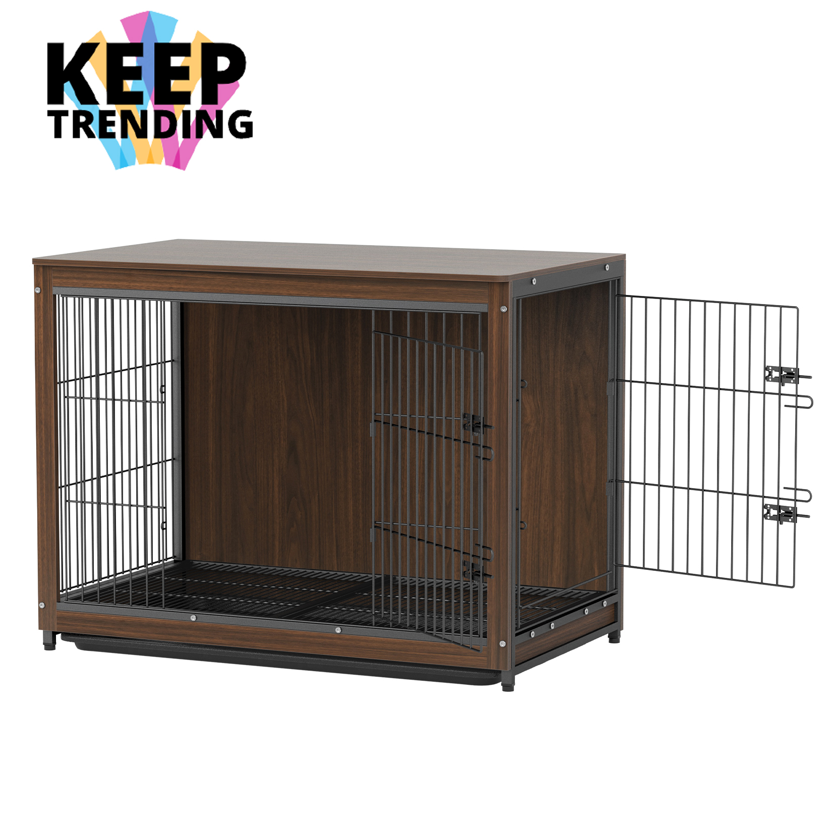 BingoPaw กรงสุนัข แบบกรงสุนัขใหญ่ 97.5x59x75.7cm หน้าท็อปไม้ + เหล็กเคลือบผิว Heavy Duty Wooden Dog Crate Furniture Side Table Style Sturdy Iron Metal Crate Frame Double Doors with Tray ราคา 5,200 บาท*ส่งฟรี