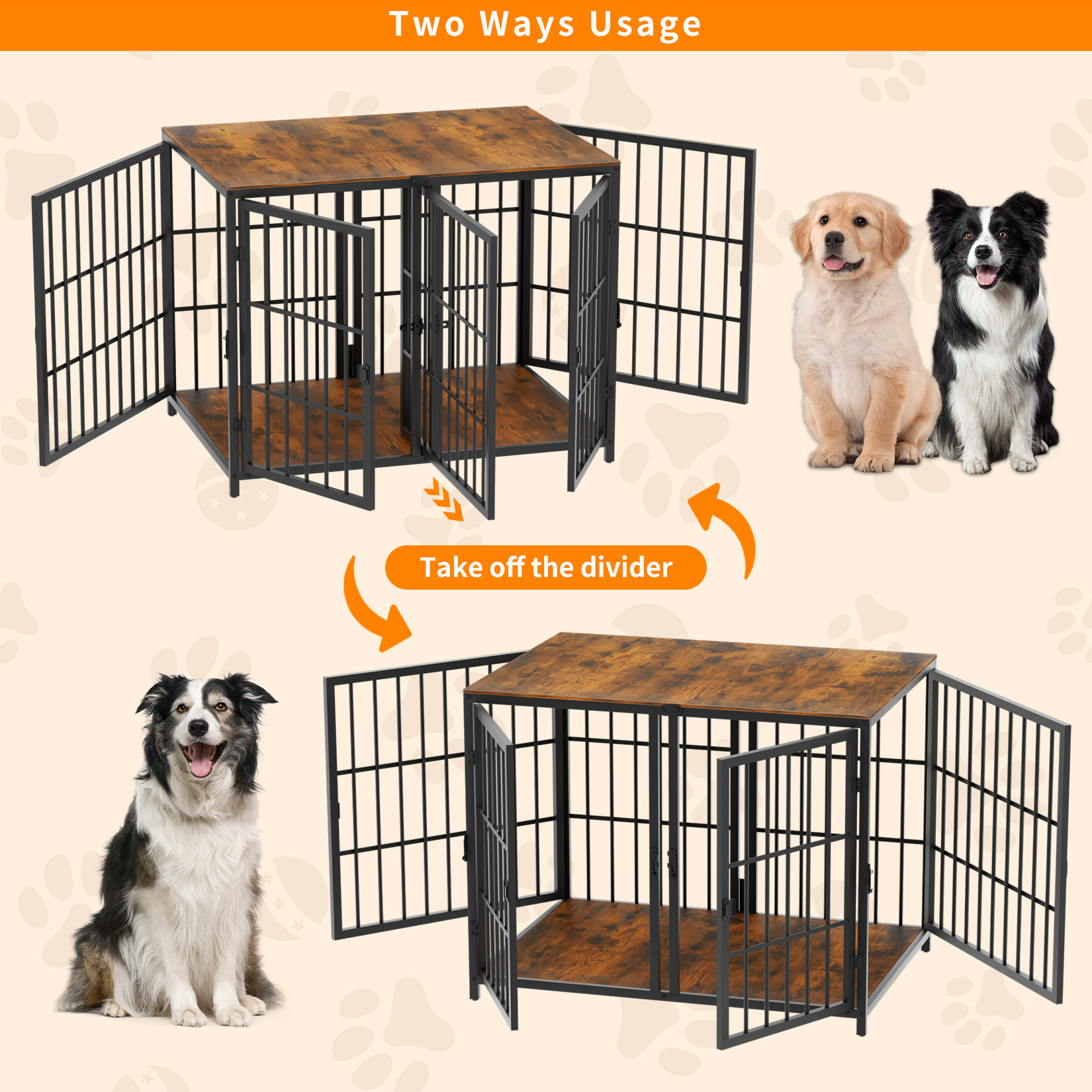 BingoPaw กรงสุนัข แบบกรงสุนัขใหญ่ 90x62x68.5cm หน้าท็อปไม้ + เหล็กเคลือบผิว Heavy Duty Wooden Dog Crate Furniture Side Table Style Sturdy Iron Metal Crate Frame Double Doors with Tray ราคา 3,560 บาท*ส่งฟรี