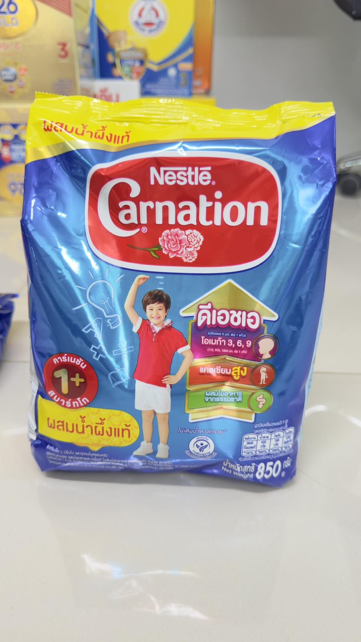 คาร์เนชั่น 1+ สมาร์ทโก ผลิตภัณฑ์นมผง สูตร 3 รสจืด 850 ก.นมผงสำหรับเด็กวัย1-3 ปี