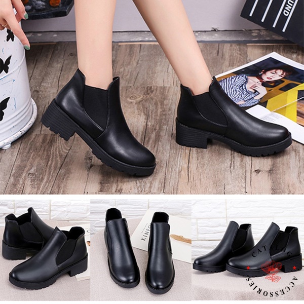 ꕥCatalog Shoesꕥ รองเท้าบูทหนัง สีดำล้วน ส้นหนา เบอร์ 35-40