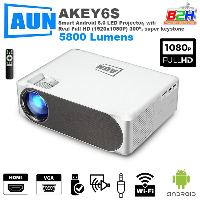 AUN โปรเจคเตอร์ Full HD AKEY6S Projector 1920X1080P Home Cinema (เสริม Android 6.0 WIFI) HDMI VGA สำหรับ GYM 4K Video
