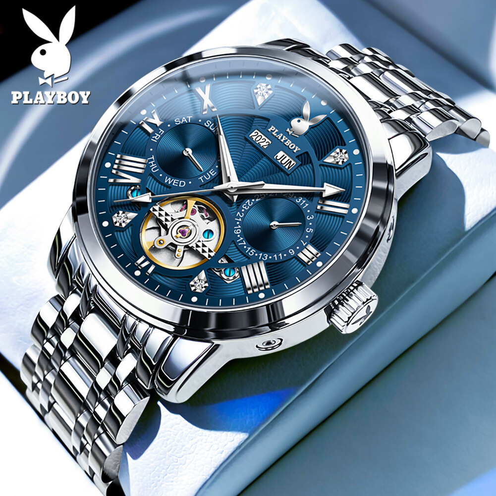 PLAYBOY Genuine Brand Men's Watch Waterproof 2023 New Luxury Multifunctional Hollow Automatic Mechanical Watch Fashion Casual Diamond Set Luminous Stainless Steel Watch Boyfriend Gift ราคา 2,515 บาท*ส่งฟรี