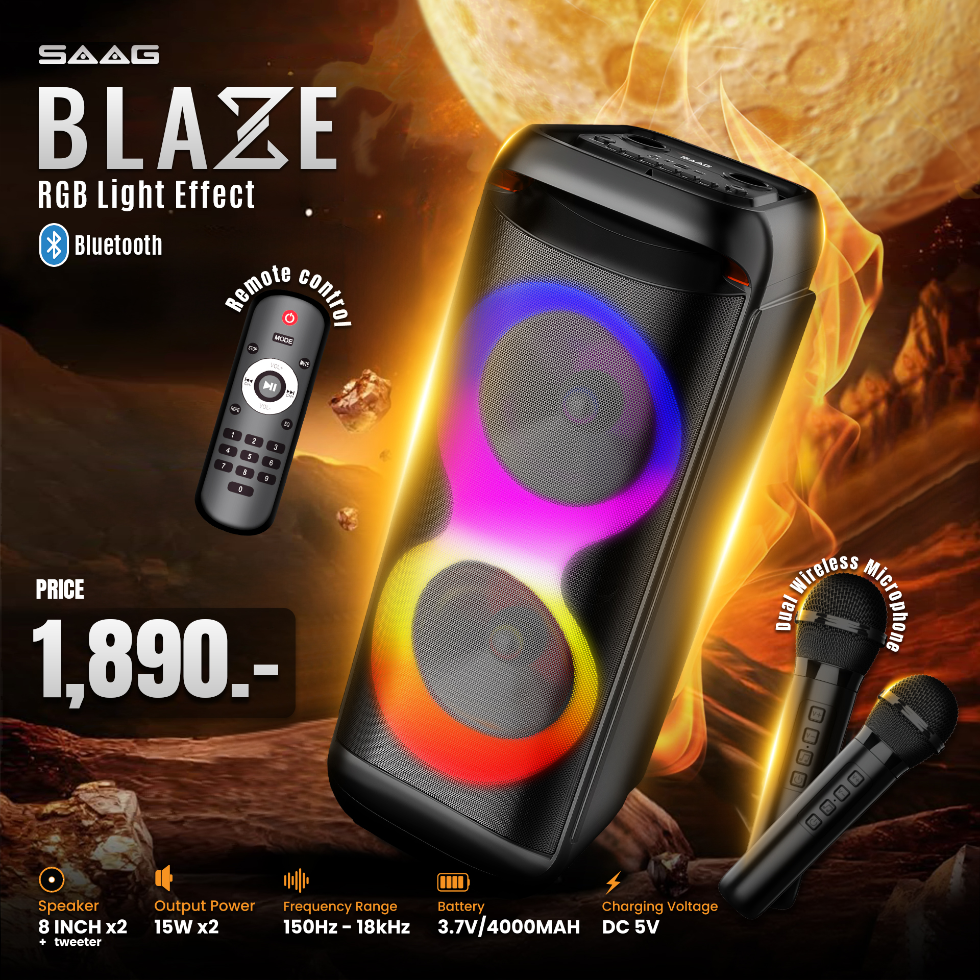 ลำโพงบลูทูธ SAAG รุ่น BLAZE Speaker ลำโพงไร้สาย พร้อมไมค์ มีไฟ LED ลำโพงเสียงดี ลำโพงคาราโอเกะประกัน1ปี ราคา 1,866 บาท*ส่งฟรี