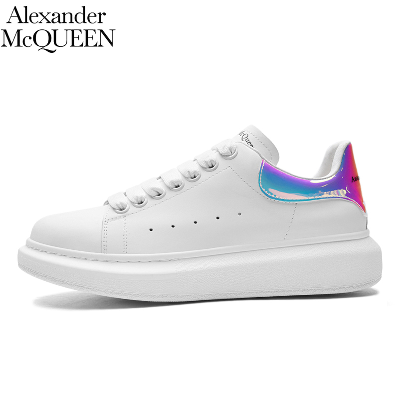 ซื้อของแท้ McQueen รองเท้าสีขาวหนังเพิ่มรองเท้าแพลตฟอร์มด้านล่างหนา MCQ คู่ลำลองชายและหญิงรองเท้า