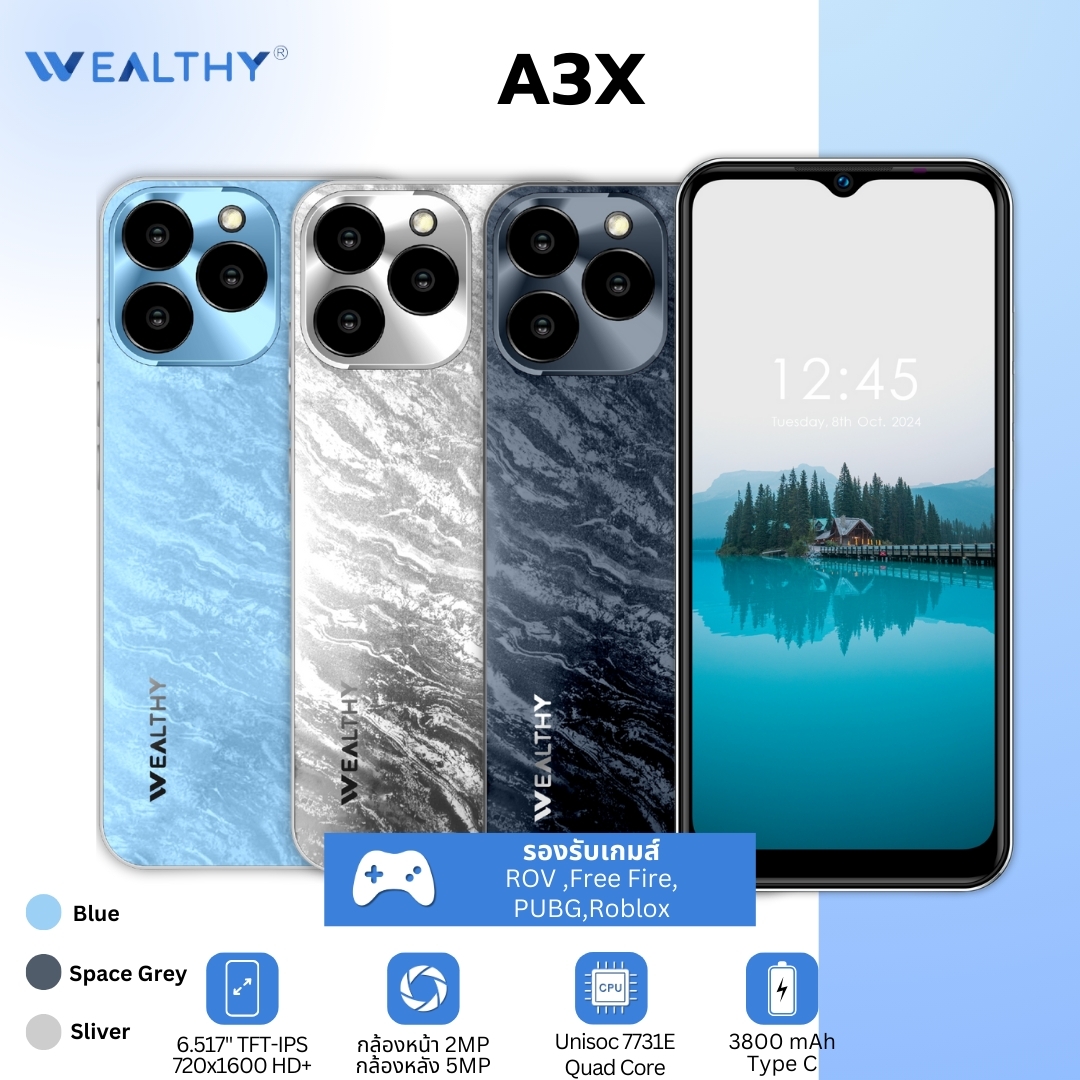 โทรศัพท์มือถือใหม่ [NEW] Wealthy รุ่น A3X จอ 6.5 นิ้ว Ram4+3GB /Rom64GB มือถือราคาถูก SmartPhone4G 2 Sim มือถือเล่นเกมส์ ราคา 1,990 บาท*ส่งฟรี