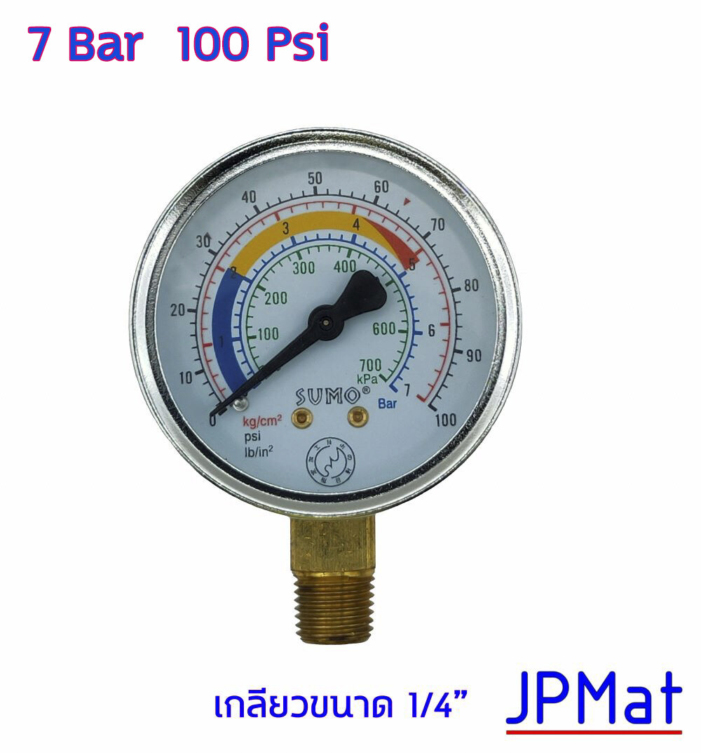 เพรสเชอร์ เกจ Pressure Gauge เกจวัดความดัน Brand Sumo Range 0-7 Bar หรือ 100 Psi หน้ากว้าง 63มม (2.5 นิ้ว) ออกล่าง เกลียว 1/4 นิ้ว (2 หุน) BSPT