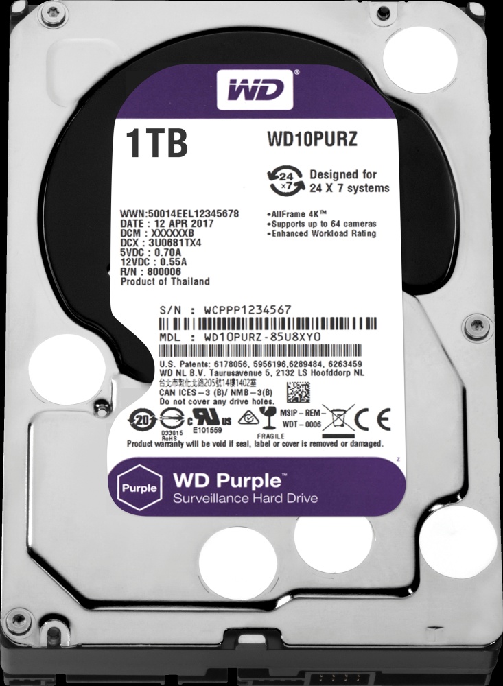 WD Purple 1TB CCTV HDD 5400RPM, 64MB, SATA-3 (WD10PURZ) ( ฮาร์ดดิสพกพา Internal Harddisk Harddrive )