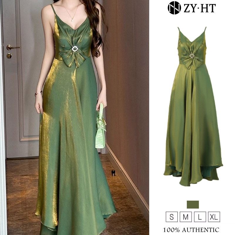 ZYHT EraVogue Váy nữ Váy xanh lá cây Váy satin Váy dây đeo đơn Váy công sở Váy Hi-so Váy cổ điển Váy