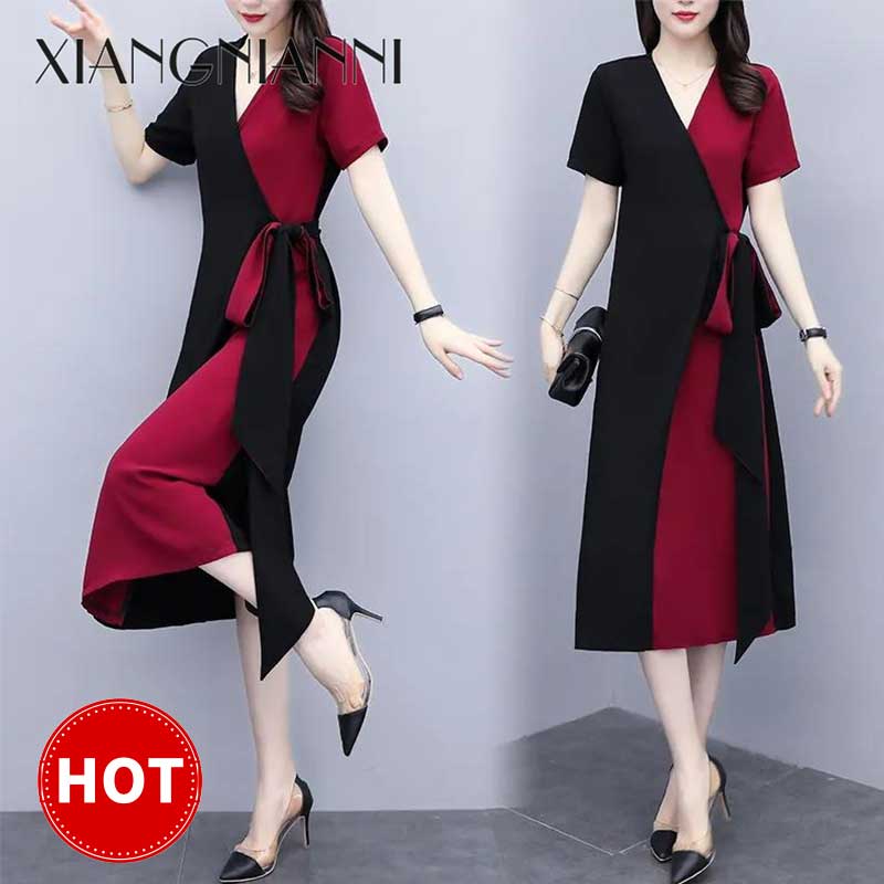 XIANG NIAN NI Women's Women's Dress Fashion V-Neck Splicing Waist Skirts Women's skirts Dresses Women's dresses Skirts Beautiful dress, female 2025 ราคา 149 บาท*ส่งฟรี