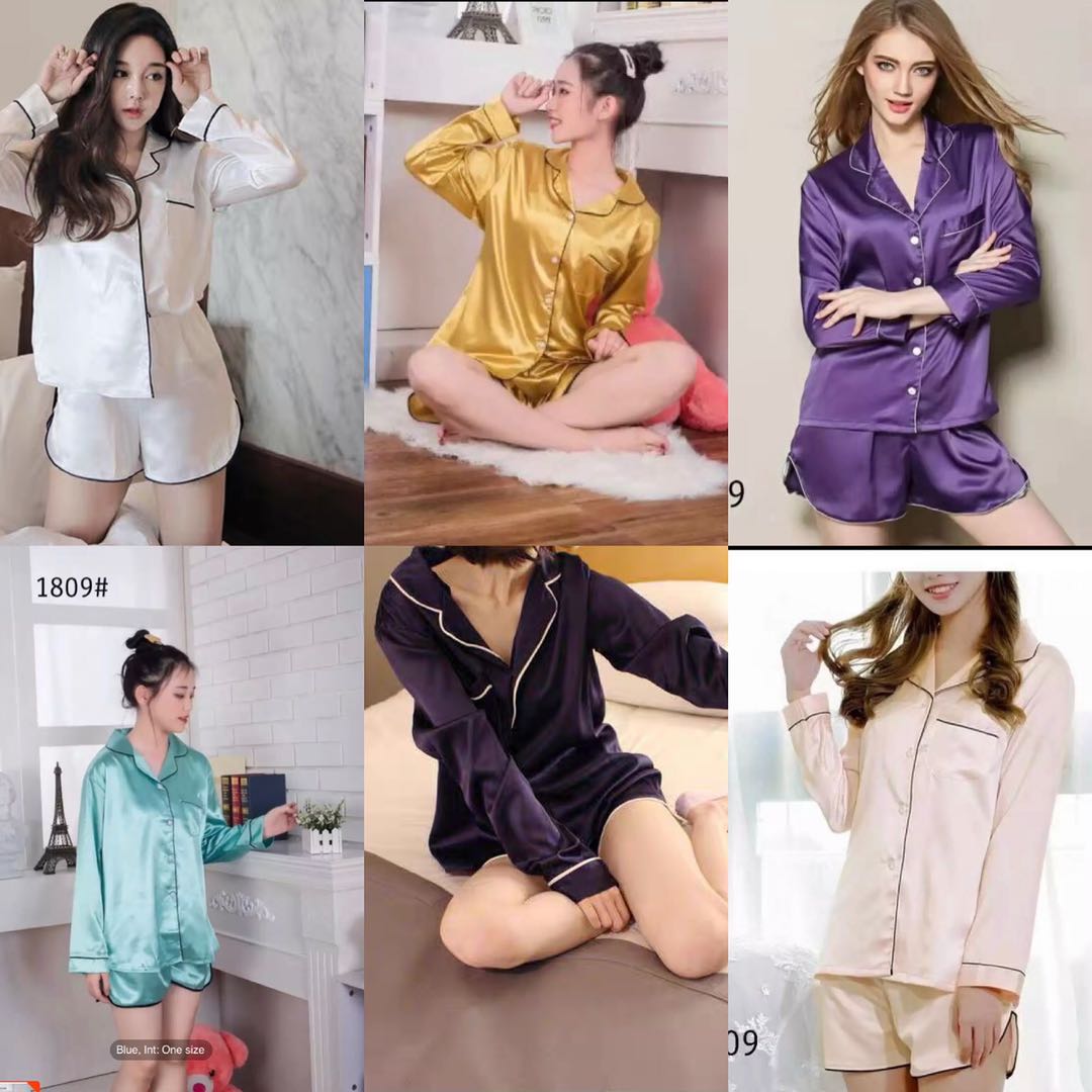 SMILE-SHOP-ชุดนอนแฟชั่นเกาหลี，Womenผ้าไหมน้ำแข็ง.เสื้อแขนยาว+กางเกงขาสั้น
