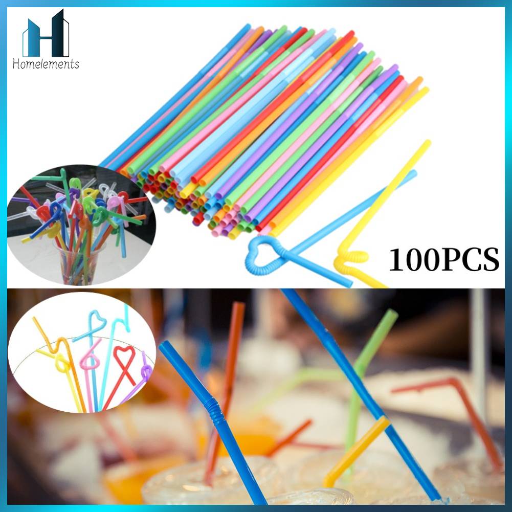 【Homelements】100 ชิ้นหลอดที่มีสีสันยืดหยุ่นหลอดดูดดื่มน้ำผลไม้ Bendy ผสมสีประณีตสง่างามแบบพกพาแฟชั่นอุปกรณ์บาร์ ราคา 28 บาท*ส่งฟรี