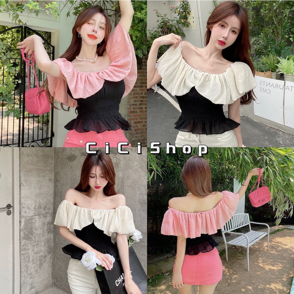 Cici(Y2266)เสื้อครอปปาดไหล่ แต่งชายระบายโทนสีเปริ้ยวๆหวานๆสม็อคช่วงเอวสวยหหรูแพงมากนะว่าไม่ได้ ราคา 177 บาท*ส่งฟรี