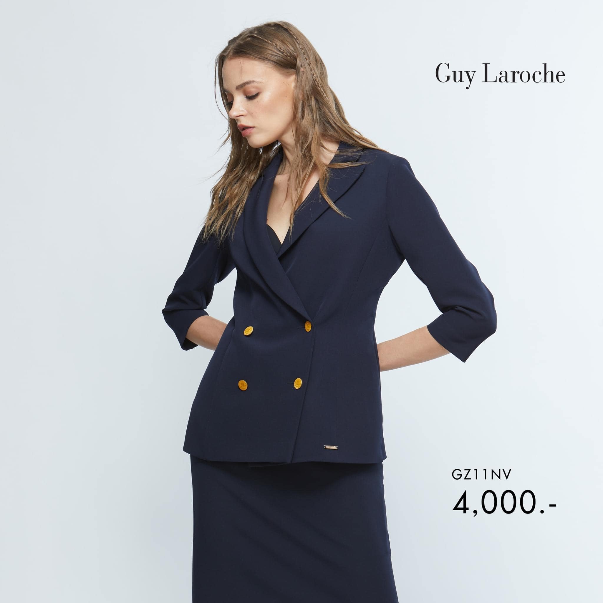 Guy Laroche woman's jacket King suiting แจ็คเก็ตทำงานผู้หญิง ทรงเข้ารูป แขนสามส่่วน แต่งกระดุม 4 เม็ด สีกรม GZ11NV ราคา 3,960 บาท*ส่งฟรี