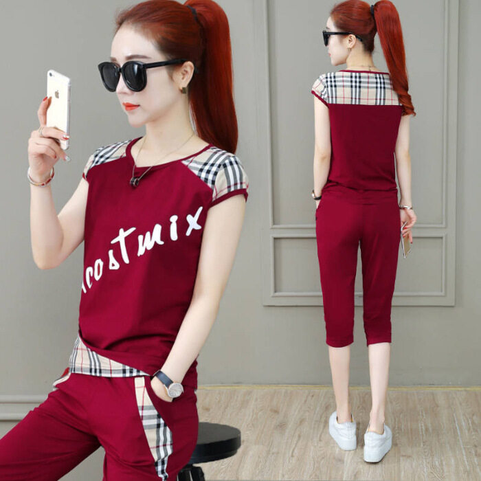 Sports suit female summer short-sleeved 2020 new ladies large size cropped trousers Korean stitching fashion casual two-piece suit TZ-GZ04