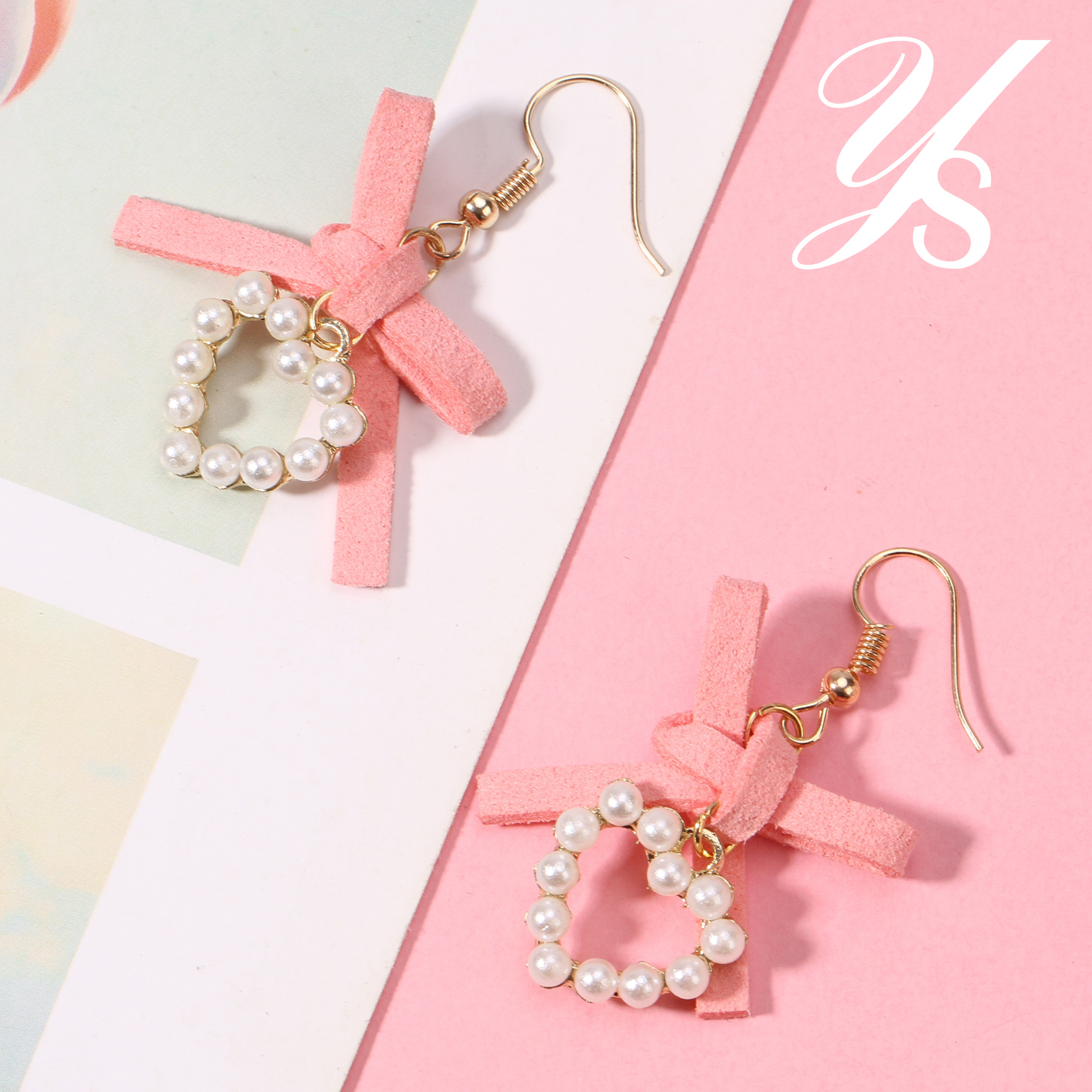 YS  ต่างหูมุกโบว์สีชมพูสร้างสรรค์  ต่างหูมุกรูปหัวใจ  Pearl earring