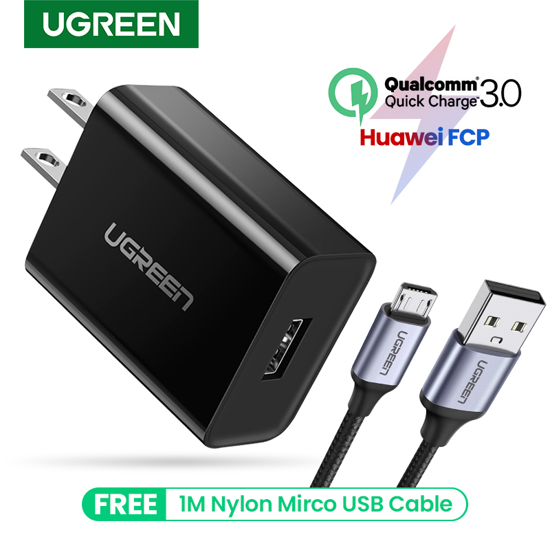 UGREEN หัวชาร์จเร็ว QC3.0 อะแดปเตอร์ชาร์จแบตมือถือ มี 1 เมตรฟรีไมโคร USB สายชาร์จ