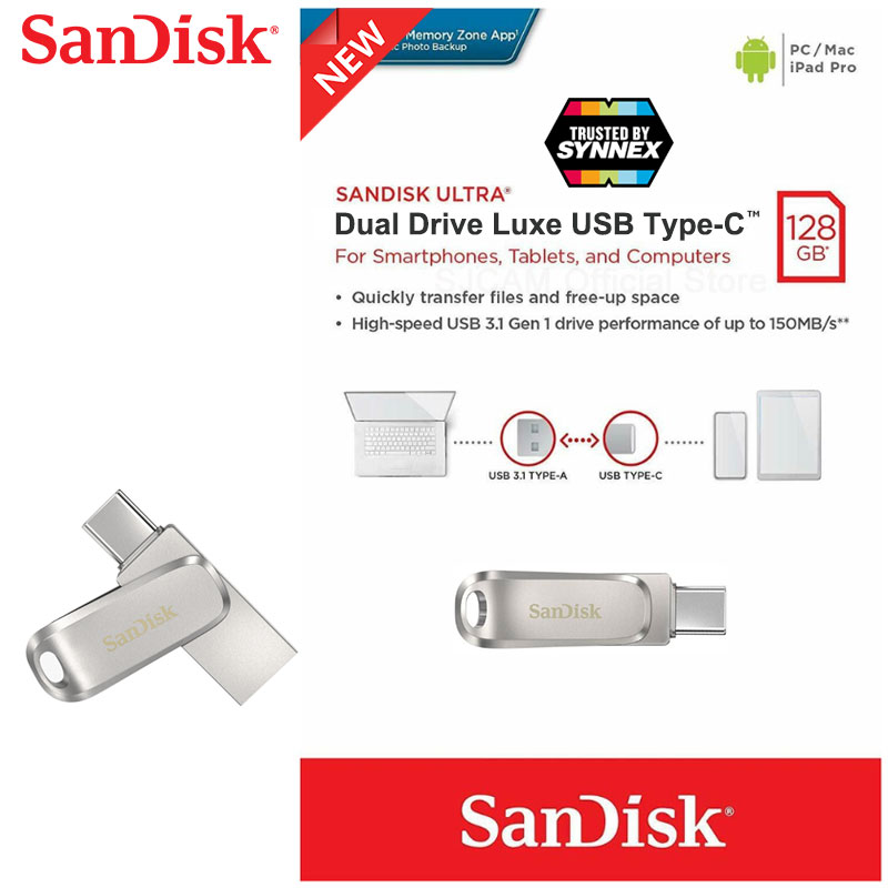 SanDisk Ultra® Dual Drive Luxe USB Type-C 128GB (SDDDC4-128G-G46) แฟลชไดรฟ์ ไดร์ฟOTG สำหรับ โทรศัพท์ แทปเลท Tablet iPad Pro การรับประกัน Synnex 5 ปี