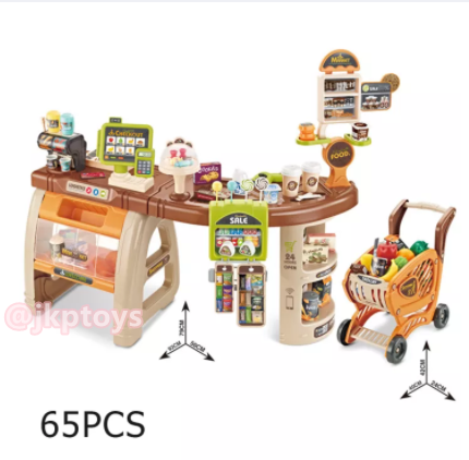 Todds & Kids Toys ชุดเคาน์เตอร์แคชเชียร์ร้านขายขนมหวาน-ไอศกรีม ของเล่น สูง 79 ซม. พร้อมรถเข็นซุปเปอร์มาร์เก็ตและสินค้าจำลอง 65 ชิ้น