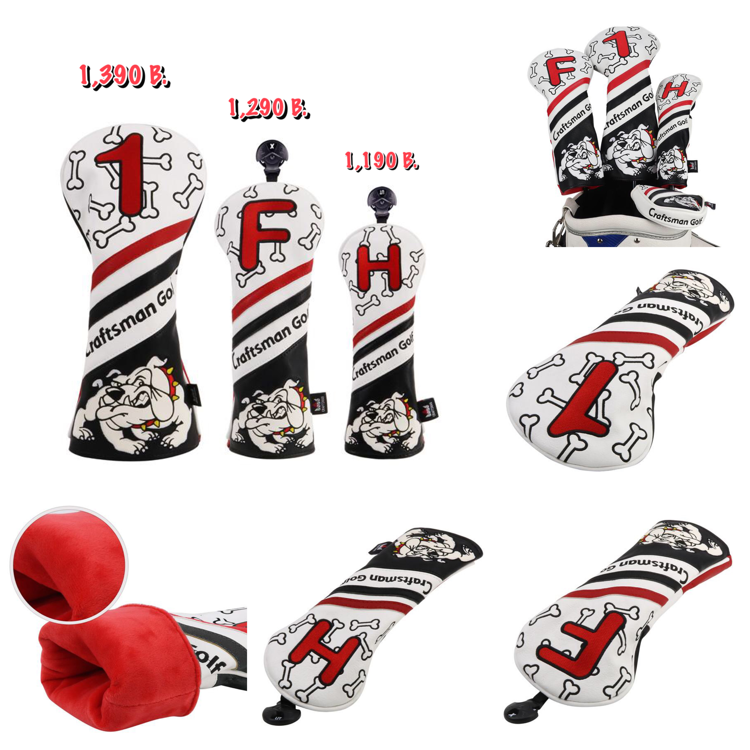 CM Golf Head Covers Red&Back&White Bulldog