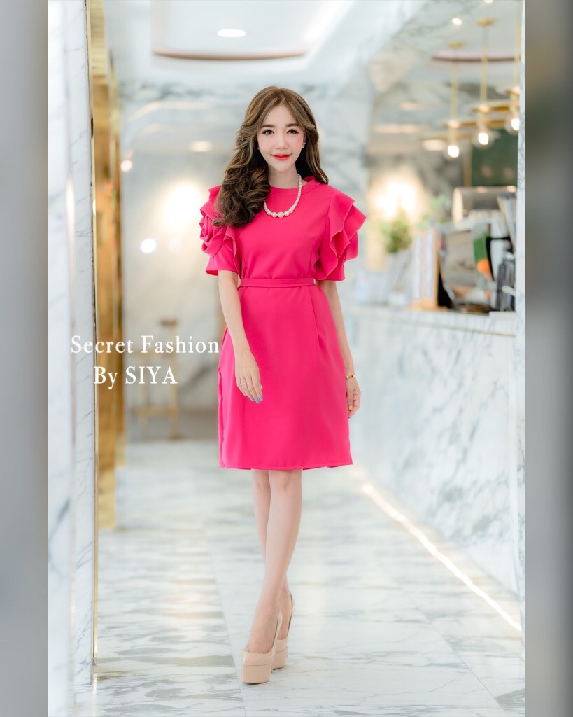 D01 เดรสแขนกุหลาบ Luxurious Dress (มีไซส์สาวอวบ S36", M40", XXL44”) ชุดทำงาน ชุดออกงาน แฟชั่นสาวอวบ