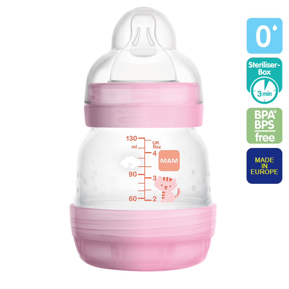 MAM ขวดนมเด็กแรกเกิด ขวดนมป้องกันโคลิค 4.5 ออนซ์ (พร้อมจุก เบอร์ 0) ผิวสัมผัสนุ่มและวิธีการดูดแบบเดียวกับเต้านมแม่ วัสดุ BPA Free