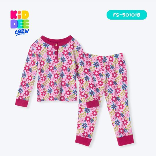 KiddeeCrew ชุดนอนเด็กผู้หญิง ชมพูลายดอกไม้ชมพู Pink flower pink pajamas เหมาะสำหรับอายุ 6 เดือน - 6 ปี