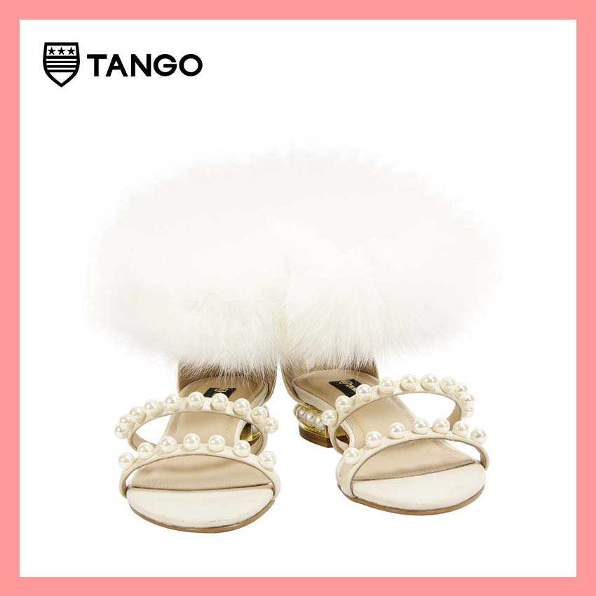 TANGO รองเท้าแฟชั่นสตรีรุ่น NEWLIN-B ขนจิ้งจอกแท้ รองเท้าแตะ รัดส้น รองเท้าหนัง รองเท้าขน ประดับมุก