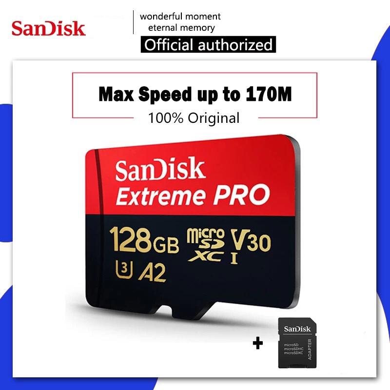 SanDisk Extreme Pro microSDXC, เมมโมรี่การ์ด ไมโครเอสดี การ์ด SQXCY 128GB การ์ดหน่วยความจำการ์ด V30, U3, C10, A2, UHS-I, 170MB/s R, 90MB/s W, 4x6, SD adaptor, Lifetime Limited อะแดปเตอร์